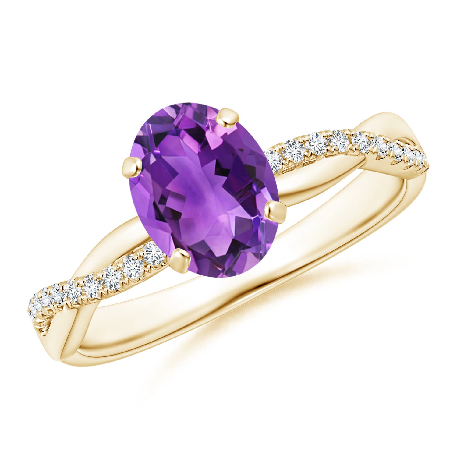 8x6mm AAA Oval Amethyst Twist Shank Ring with Diamonds in 18K Yellow Gold