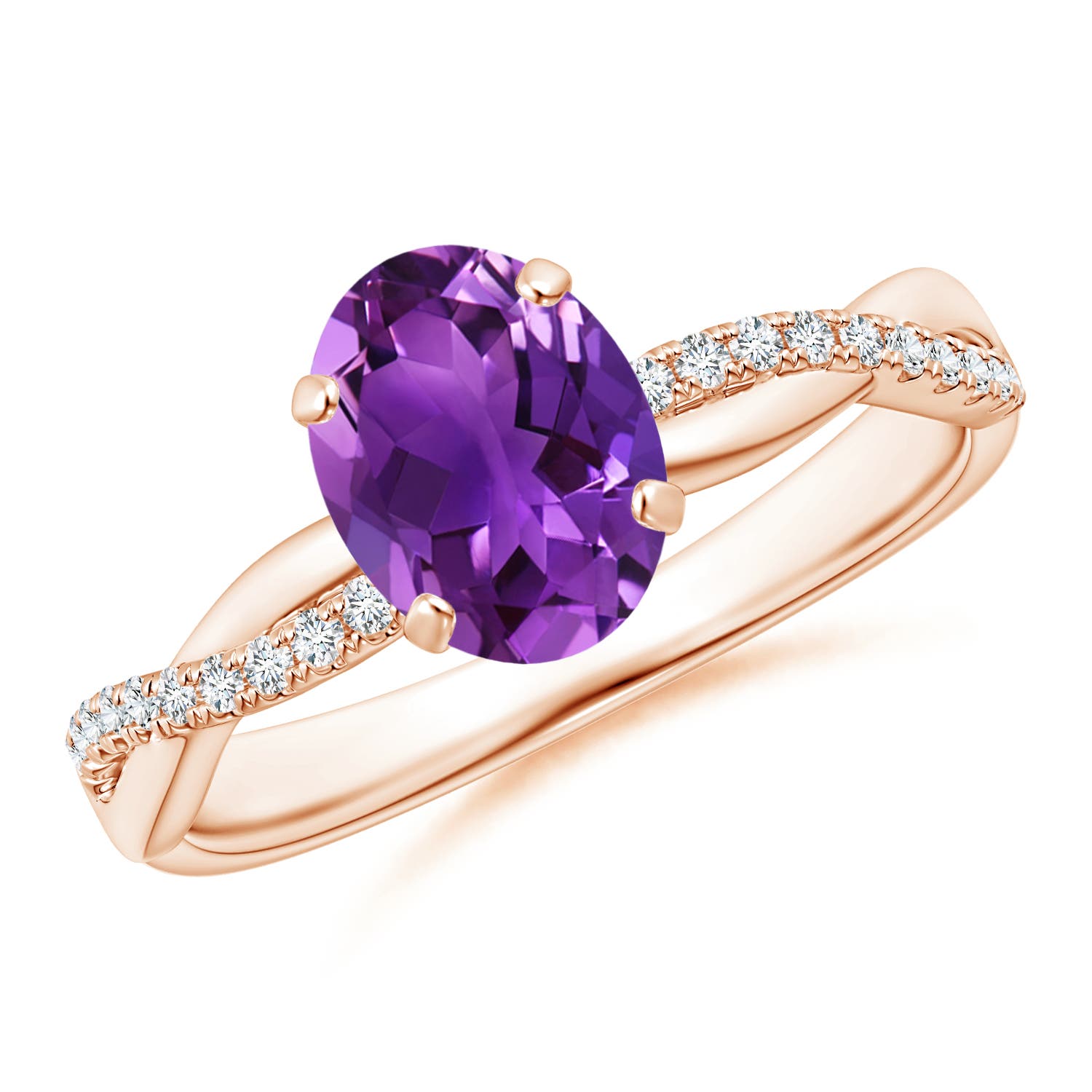 8x6mm AAAA Oval Amethyst Twist Shank Ring with Diamonds in 18K Rose Gold