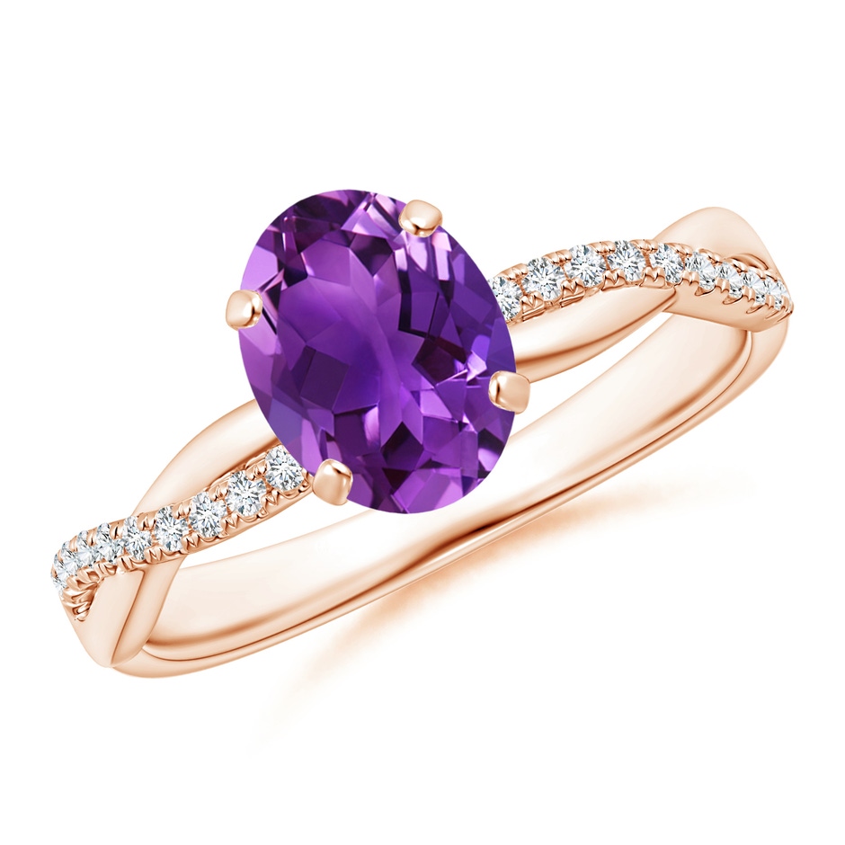 8x6mm AAAA Oval Amethyst Twist Shank Ring with Diamonds in 18K Rose Gold 