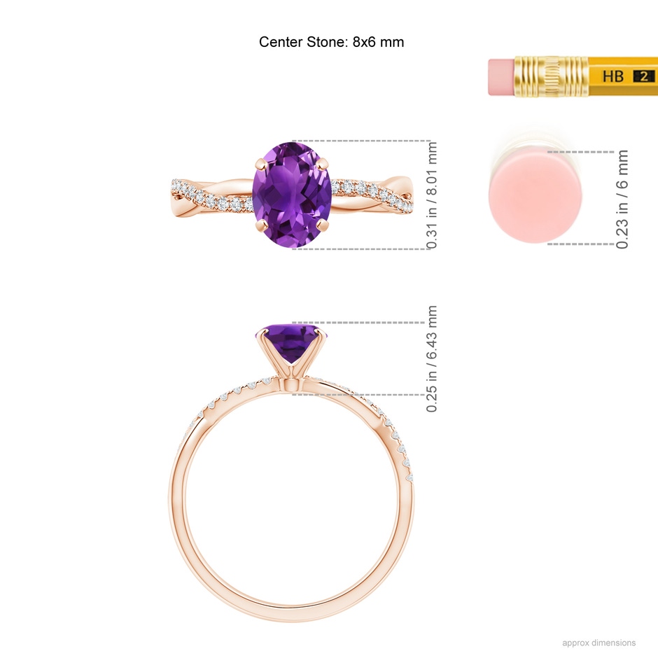 8x6mm AAAA Oval Amethyst Twist Shank Ring with Diamonds in 18K Rose Gold ruler