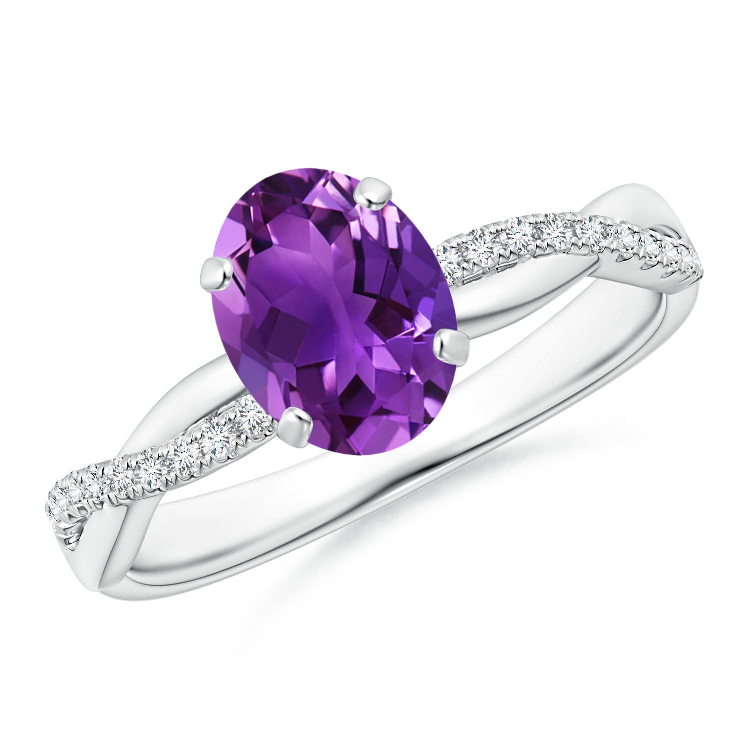 8x6mm AAAA Oval Amethyst Twist Shank Ring with Diamonds in 18K White Gold