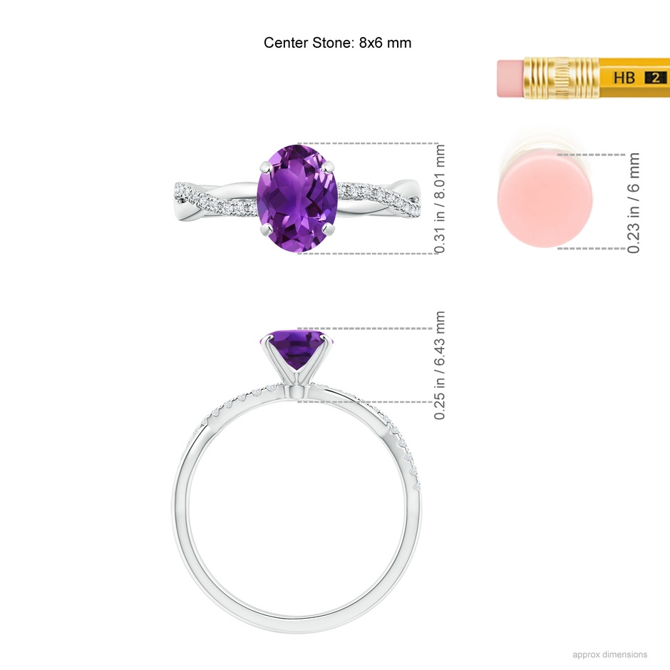 8x6mm AAAA Oval Amethyst Twist Shank Ring with Diamonds in 18K White Gold ruler