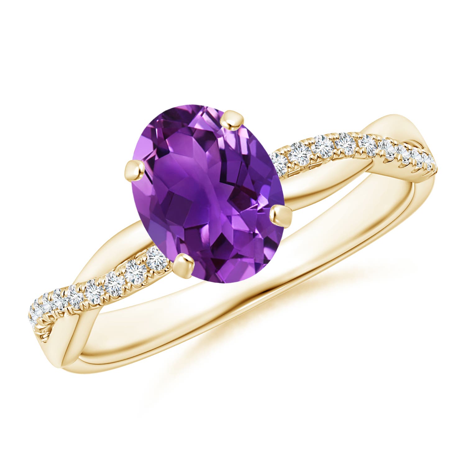 8x6mm AAAA Oval Amethyst Twist Shank Ring with Diamonds in 18CT Yellow Gold