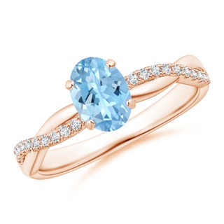 7x5mm AAAA Oval Aquamarine Twist Shank Ring with Diamonds in Rose Gold