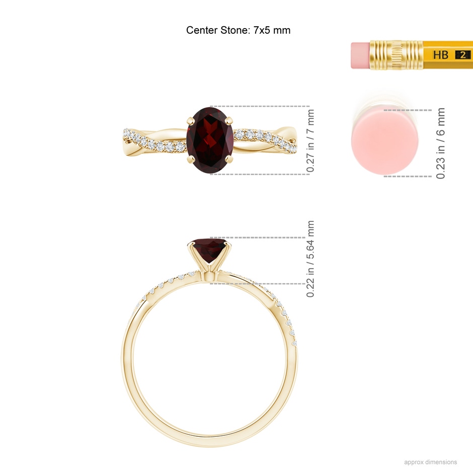 7x5mm A Oval Garnet Twist Shank Ring with Diamonds in 18K Yellow Gold ruler