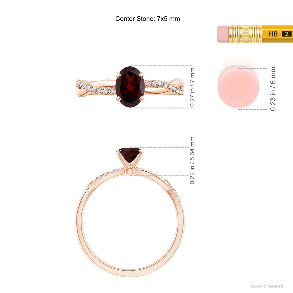 7x5mm A Oval Garnet Twist Shank Ring with Diamonds in Rose Gold ruler