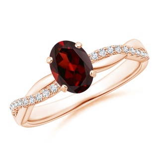 7x5mm AAA Oval Garnet Twist Shank Ring with Diamonds in Rose Gold