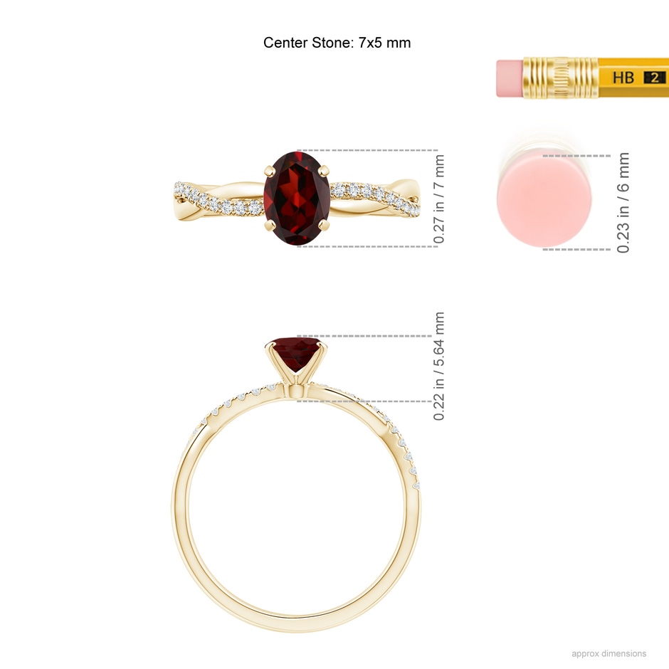 7x5mm AAA Oval Garnet Twist Shank Ring with Diamonds in Yellow Gold ruler