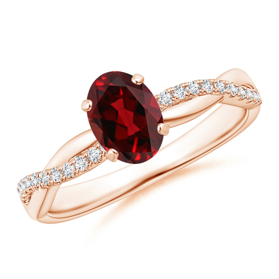 7x5mm AAAA Oval Garnet Twist Shank Ring with Diamonds in 18K Rose Gold 
