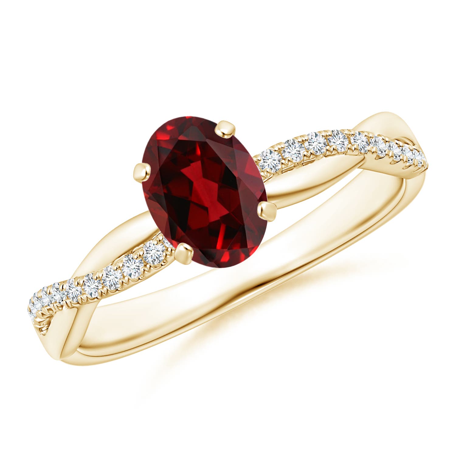 7x5mm AAAA Oval Garnet Twist Shank Ring with Diamonds in 18CT Yellow Gold