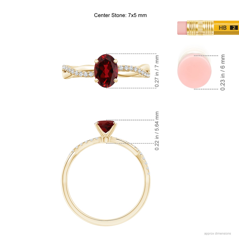 7x5mm AAAA Oval Garnet Twist Shank Ring with Diamonds in 18K Yellow Gold ruler