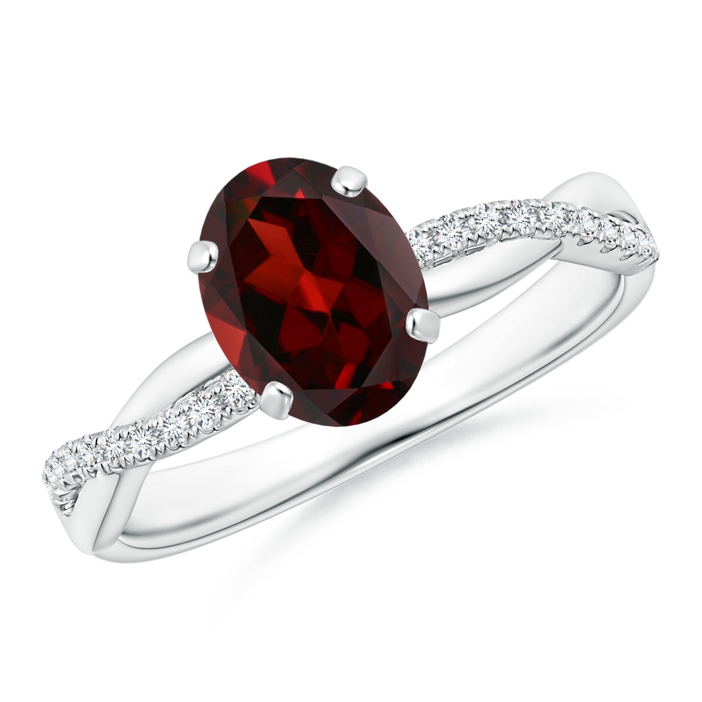 8x6mm AAA Oval Garnet Twist Shank Ring with Diamonds in White Gold