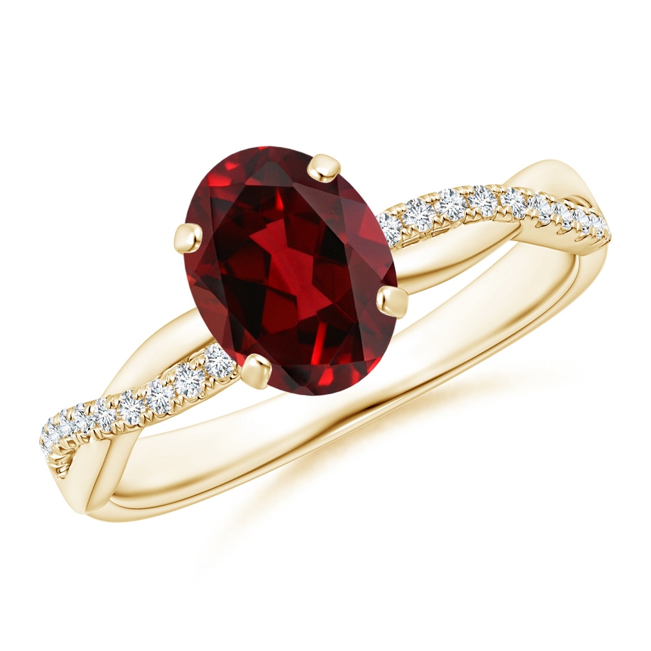 8x6mm AAAA Oval Garnet Twist Shank Ring with Diamonds in Yellow Gold 