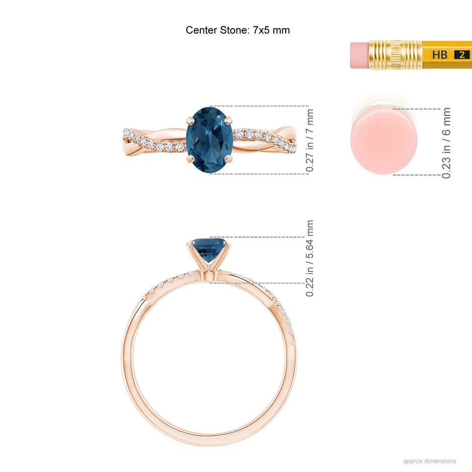 7x5mm AA Oval London Blue Topaz Twist Shank Ring with Diamonds in 18K Rose Gold ruler
