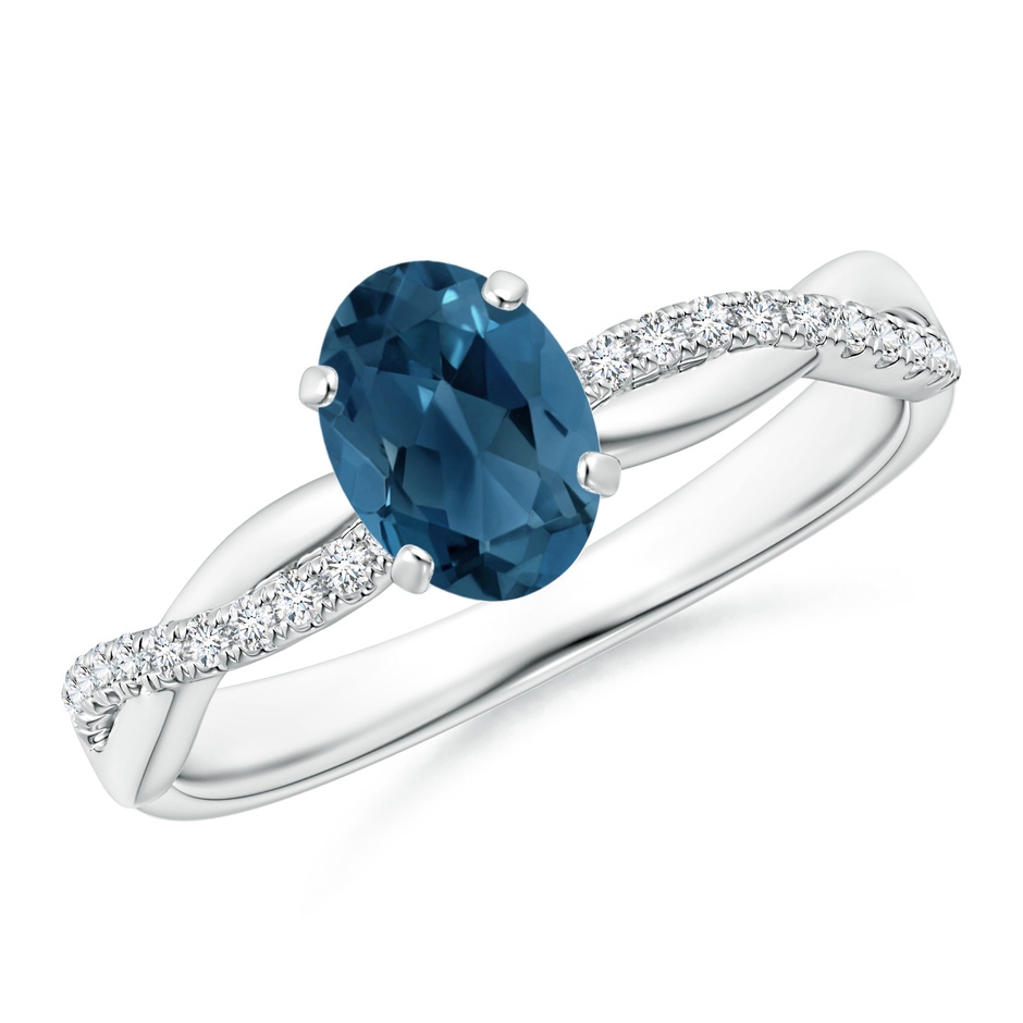 7x5mm AA Oval London Blue Topaz Twist Shank Ring with Diamonds in S999 Silver 