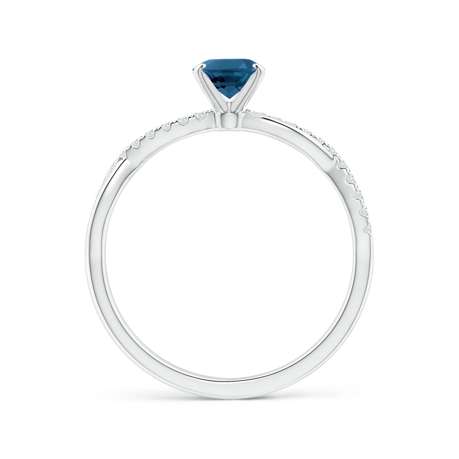 7x5mm AAA Oval London Blue Topaz Twist Shank Ring with Diamonds in 18K White Gold
