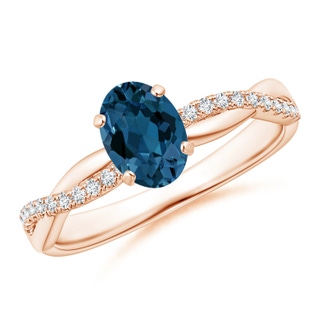 7x5mm AAA Oval London Blue Topaz Twist Shank Ring with Diamonds in Rose Gold