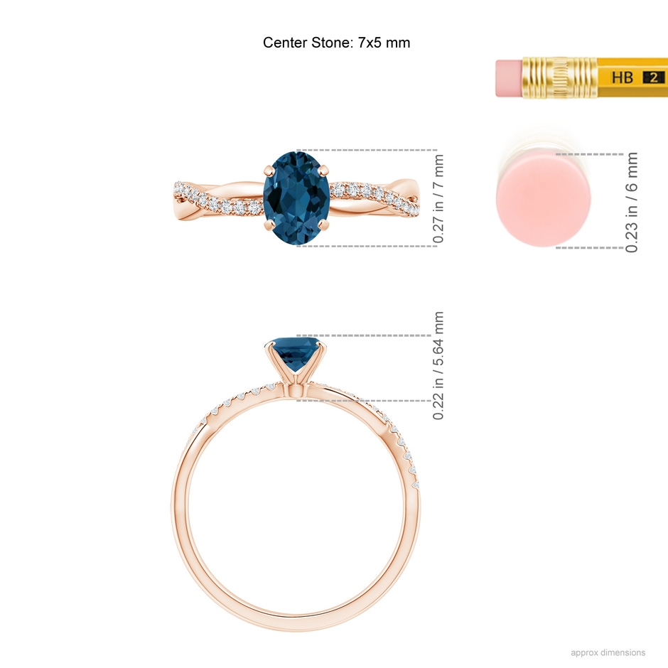 7x5mm AAA Oval London Blue Topaz Twist Shank Ring with Diamonds in Rose Gold ruler