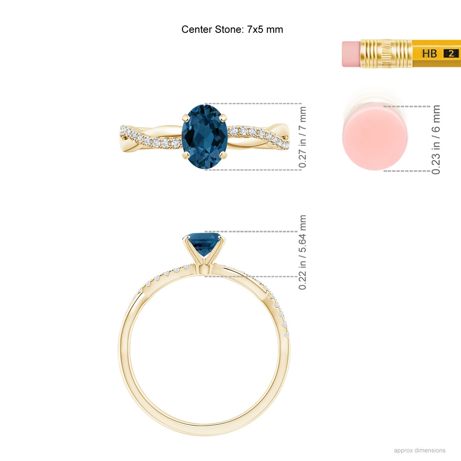 7x5mm AAA Oval London Blue Topaz Twist Shank Ring with Diamonds in Yellow Gold ruler