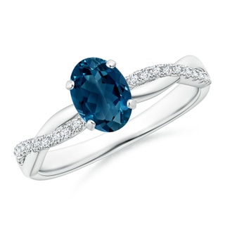 7x5mm AAAA Oval London Blue Topaz Twist Shank Ring with Diamonds in 9K White Gold