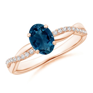 7x5mm AAAA Oval London Blue Topaz Twist Shank Ring with Diamonds in Rose Gold