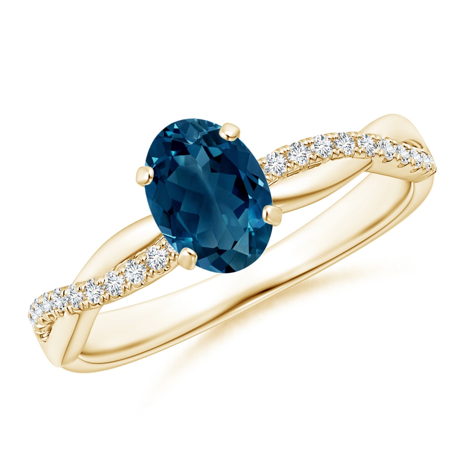 7x5mm AAAA Oval London Blue Topaz Twist Shank Ring with Diamonds in Yellow Gold 