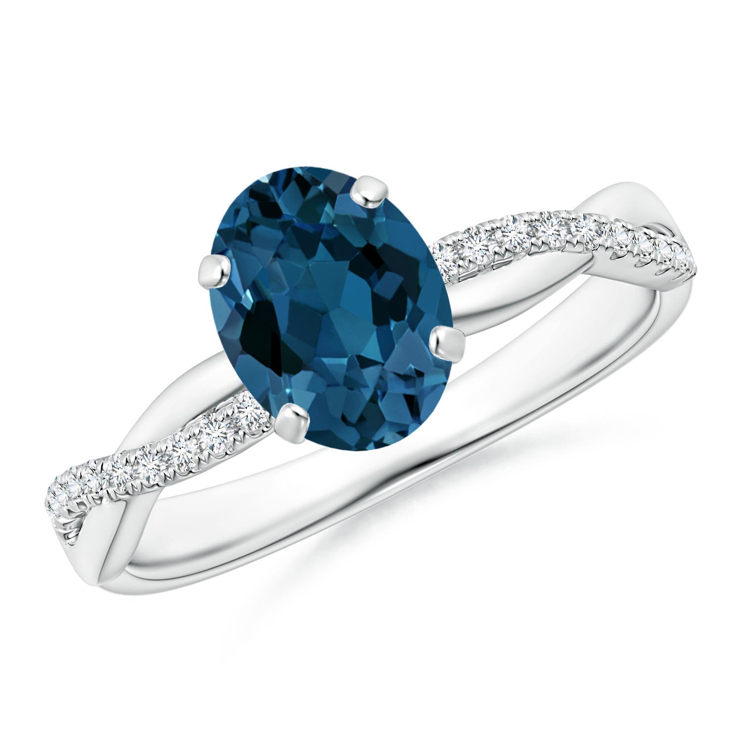 8x6mm AAA Oval London Blue Topaz Twist Shank Ring with Diamonds in 18CT White Gold