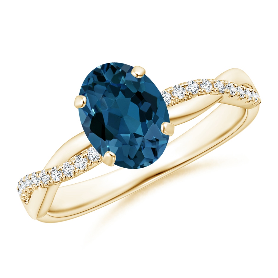 8x6mm AAA Oval London Blue Topaz Twist Shank Ring with Diamonds in Yellow Gold 