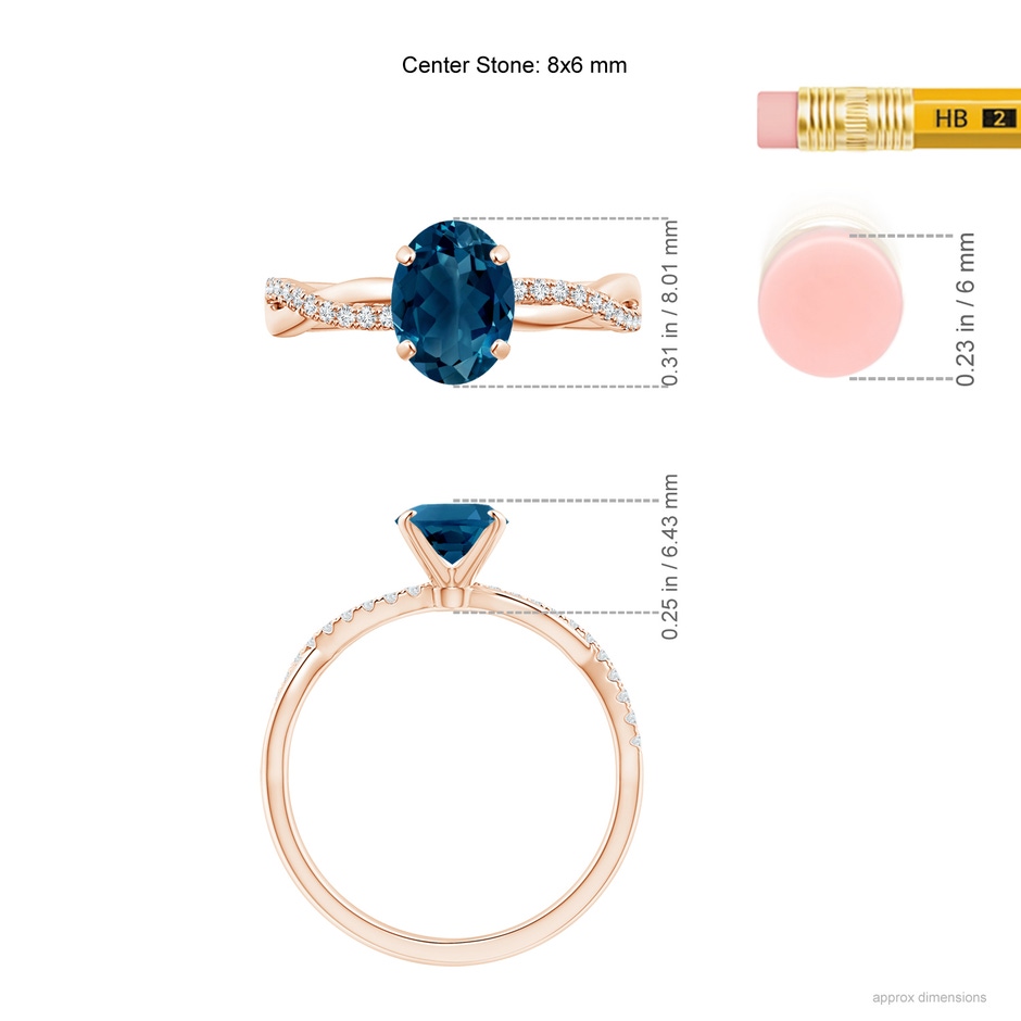8x6mm AAAA Oval London Blue Topaz Twist Shank Ring with Diamonds in 18K Rose Gold ruler