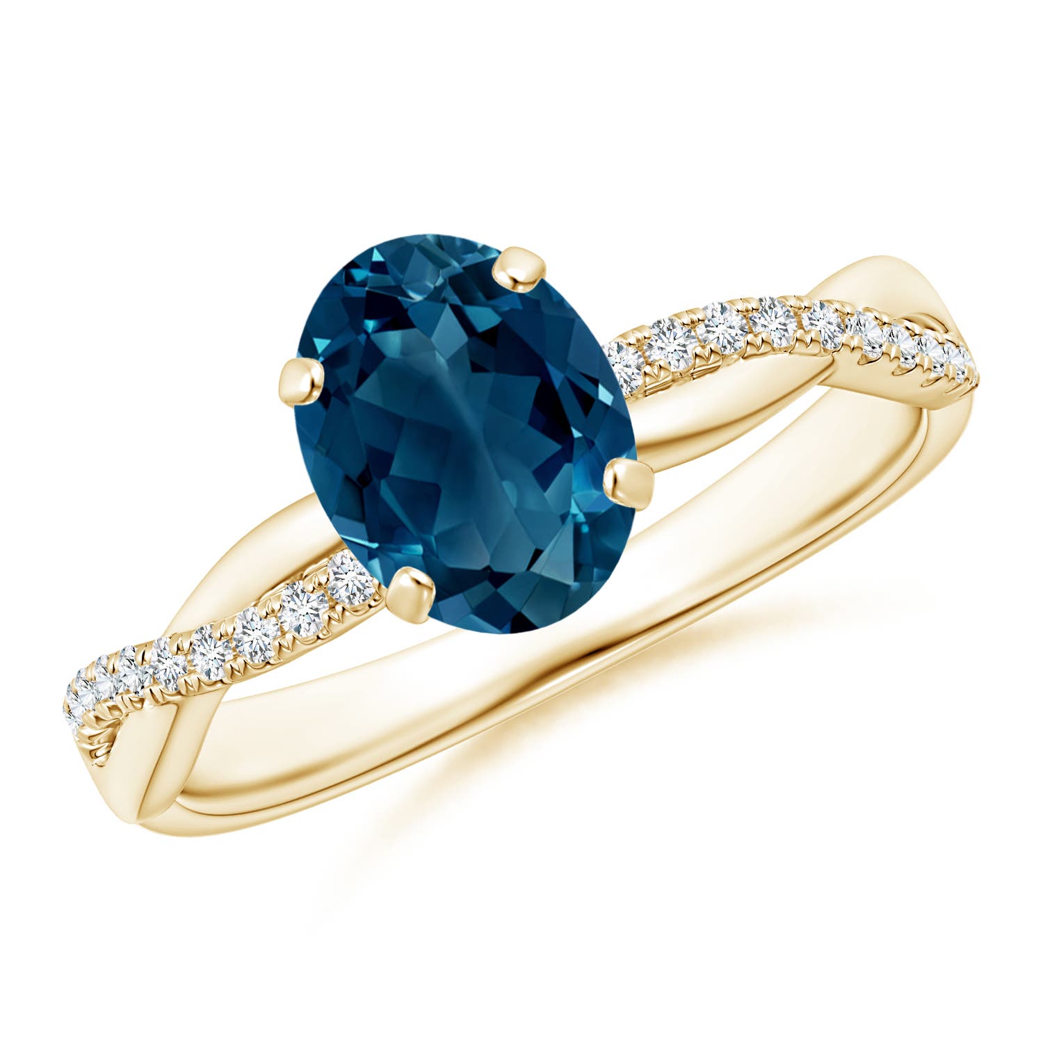 8x6mm AAAA Oval London Blue Topaz Twist Shank Ring with Diamonds in 18CT Yellow Gold