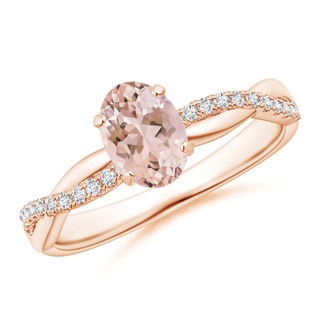 7x5mm AAAA Oval Morganite Twist Shank Ring with Diamonds in Rose Gold