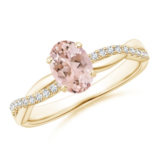 7x5mm AAAA Oval Morganite Twist Shank Ring with Diamonds in Yellow Gold