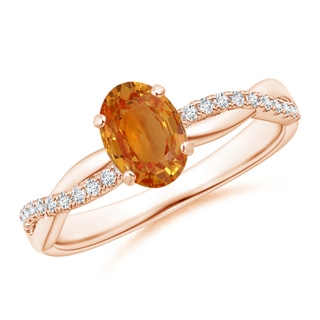 7x5mm AA Oval Orange Sapphire Twist Shank Ring with Diamonds in Rose Gold