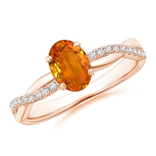 7x5mm AAA Oval Orange Sapphire Twist Shank Ring with Diamonds in Rose Gold