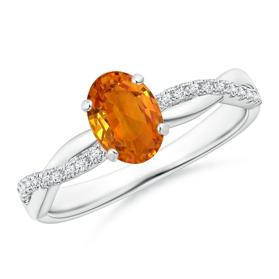 7x5mm AAA Oval Orange Sapphire Twist Shank Ring with Diamonds in White Gold 