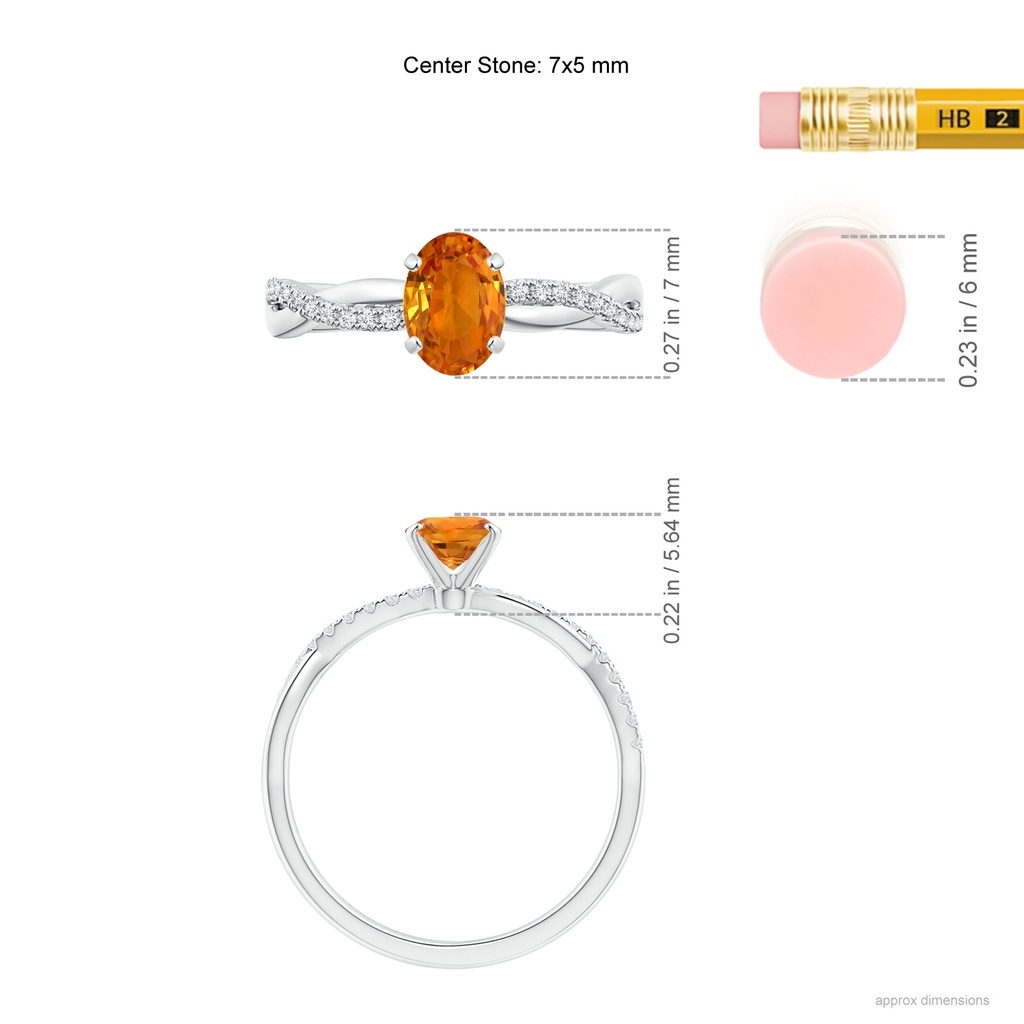 7x5mm AAA Oval Orange Sapphire Twist Shank Ring with Diamonds in White Gold Ruler