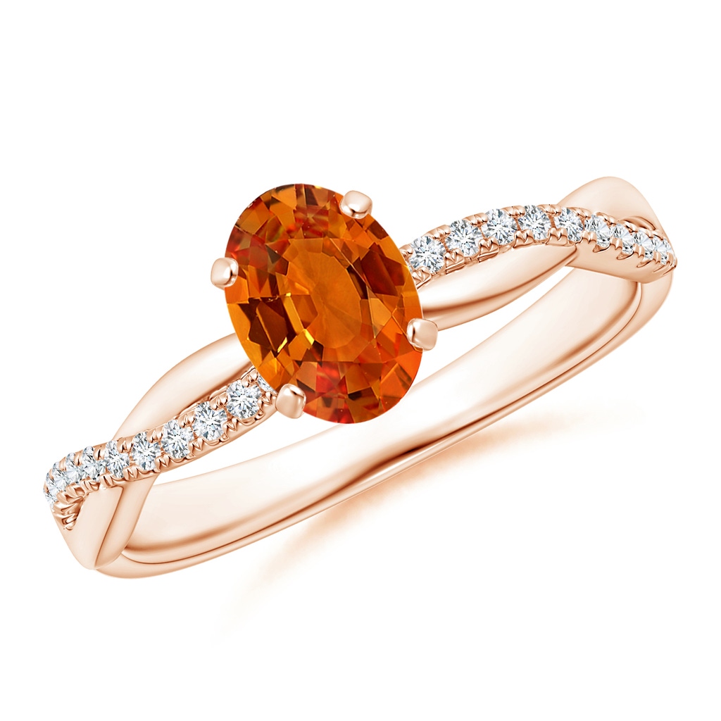 7x5mm AAAA Oval Orange Sapphire Twist Shank Ring with Diamonds in Rose Gold