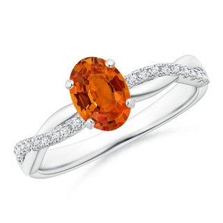 7x5mm AAAA Oval Orange Sapphire Twist Shank Ring with Diamonds in White Gold