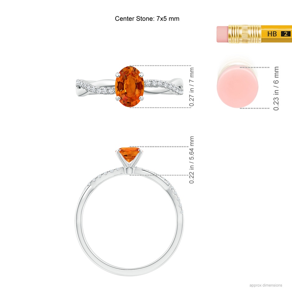 7x5mm AAAA Oval Orange Sapphire Twist Shank Ring with Diamonds in White Gold ruler