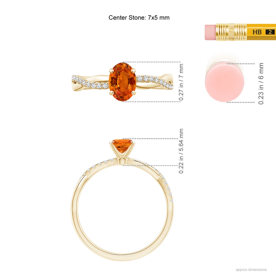 7x5mm AAAA Oval Orange Sapphire Twist Shank Ring with Diamonds in Yellow Gold ruler