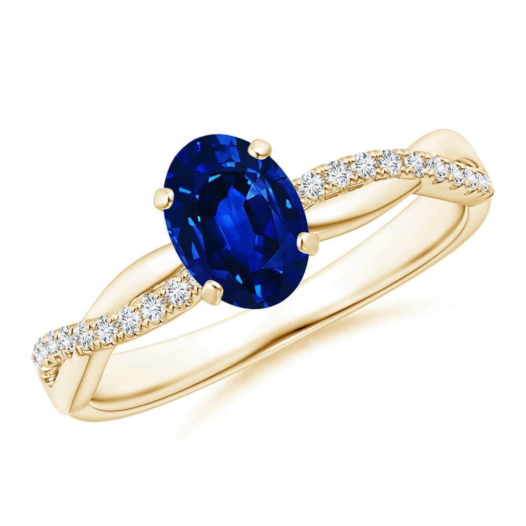 7x5mm AAAA Oval Sapphire Twist Shank Ring with Diamonds in Yellow Gold