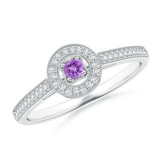 2.5mm AAAA Vintage Style Amethyst Halo Ring with Milgrain Detailing in White Gold