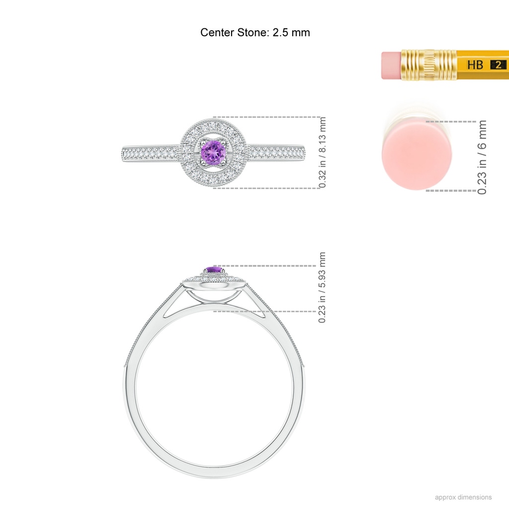 2.5mm AAAA Vintage Style Amethyst Halo Ring with Milgrain Detailing in White Gold Ruler