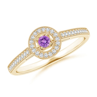 2.5mm AAAA Vintage Style Amethyst Halo Ring with Milgrain Detailing in Yellow Gold