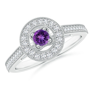 3.5mm AAAA Vintage Style Amethyst Halo Ring with Milgrain Detailing in White Gold