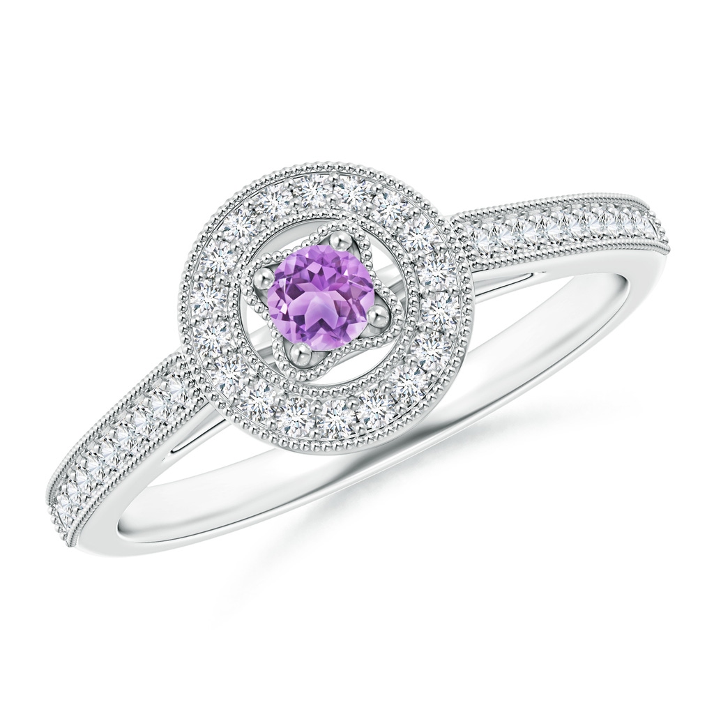 3mm AAA Vintage Style Amethyst Halo Ring with Milgrain Detailing in White Gold