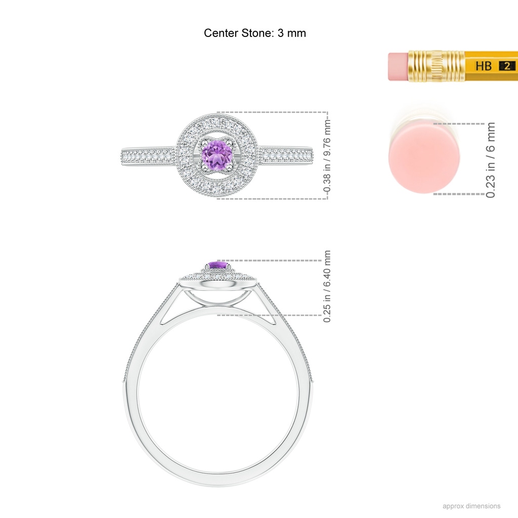 3mm AAA Vintage Style Amethyst Halo Ring with Milgrain Detailing in White Gold Ruler