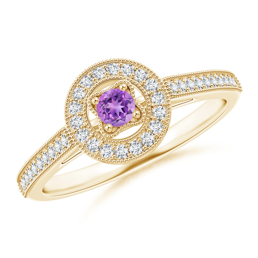 3mm AAAA Vintage Style Amethyst Halo Ring with Milgrain Detailing in Yellow Gold