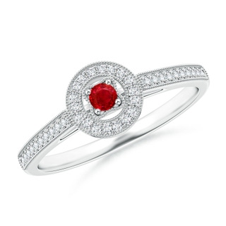 2.5mm AAA Vintage Style Ruby Halo Ring with Milgrain Detailing in White Gold