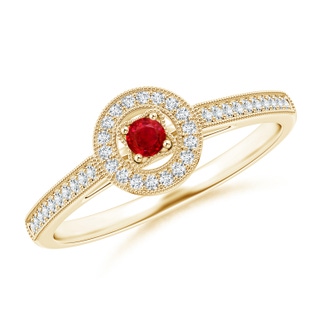 2.5mm AAA Vintage Style Ruby Halo Ring with Milgrain Detailing in Yellow Gold